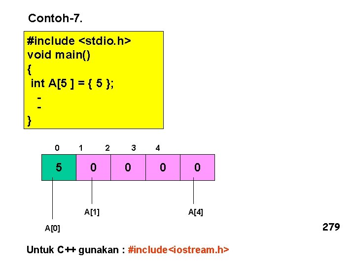 Contoh-7. #include <stdio. h> void main() { int A[5 ] = { 5 };