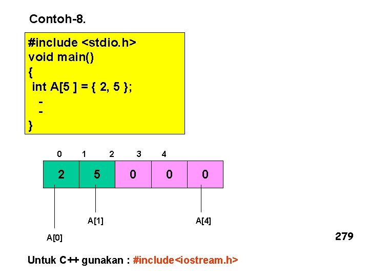 Contoh-8. #include <stdio. h> void main() { int A[5 ] = { 2, 5