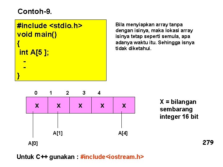 Contoh-9. #include <stdio. h> void main() { int A[5 ]; } 0 x 1