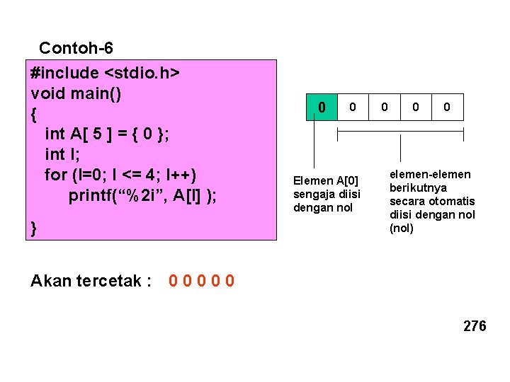 Contoh-6 #include <stdio. h> void main() { int A[ 5 ] = { 0
