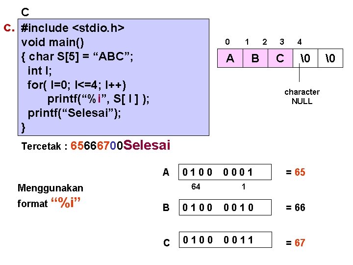 C c. #include <stdio. h> void main() { char S[5] = “ABC”; int I;