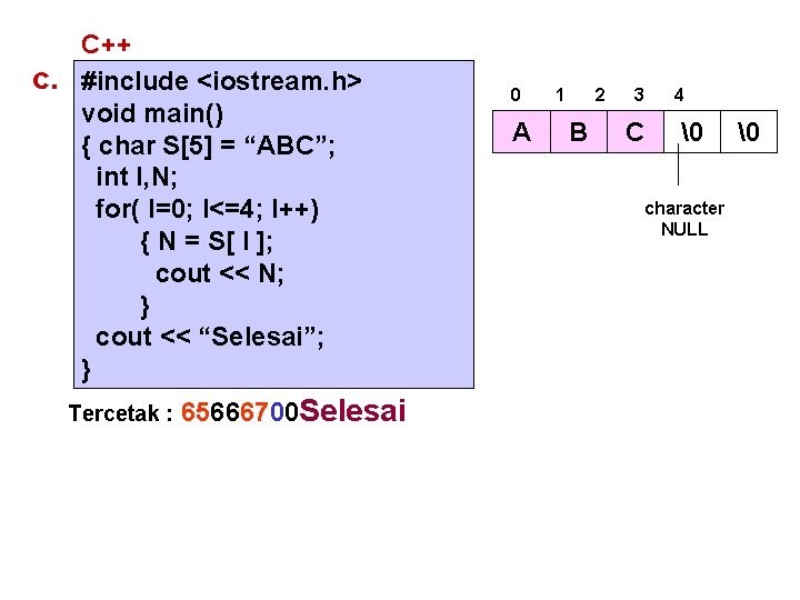 C++ c. #include <iostream. h> void main() { char S[5] = “ABC”; int I,