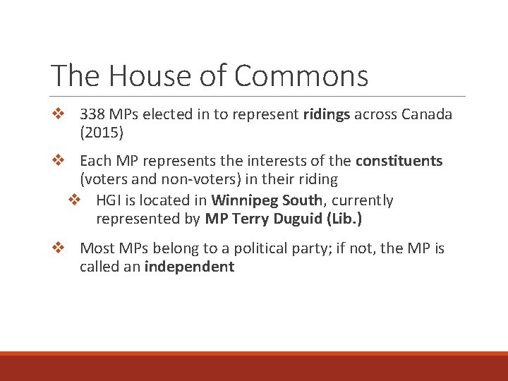 The House of Commons v 338 MPs elected in to represent ridings across Canada