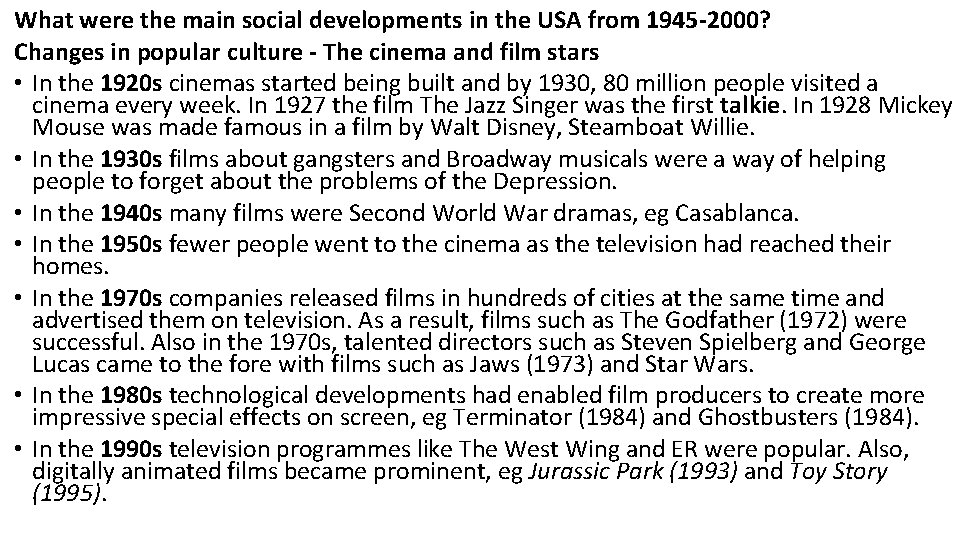 What were the main social developments in the USA from 1945 -2000? Changes in