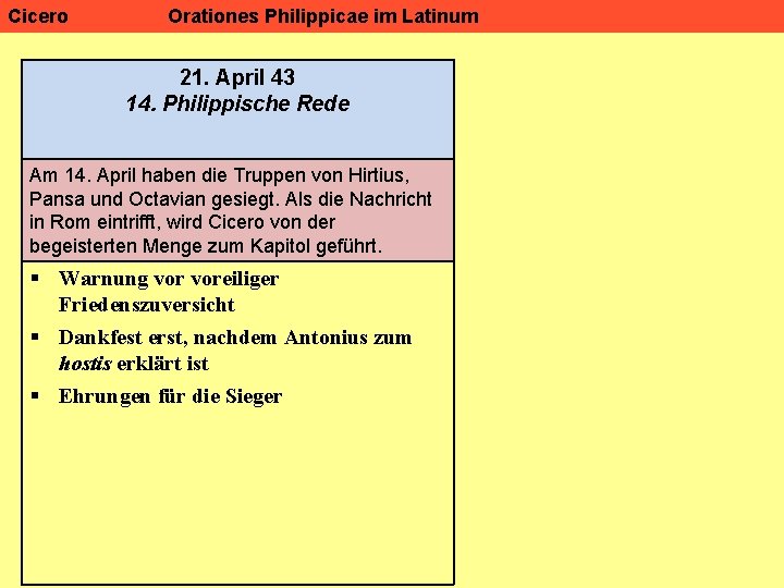 Cicero Orationes Philippicae im Latinum 21. April 43 14. Philippische Rede Am 14. April