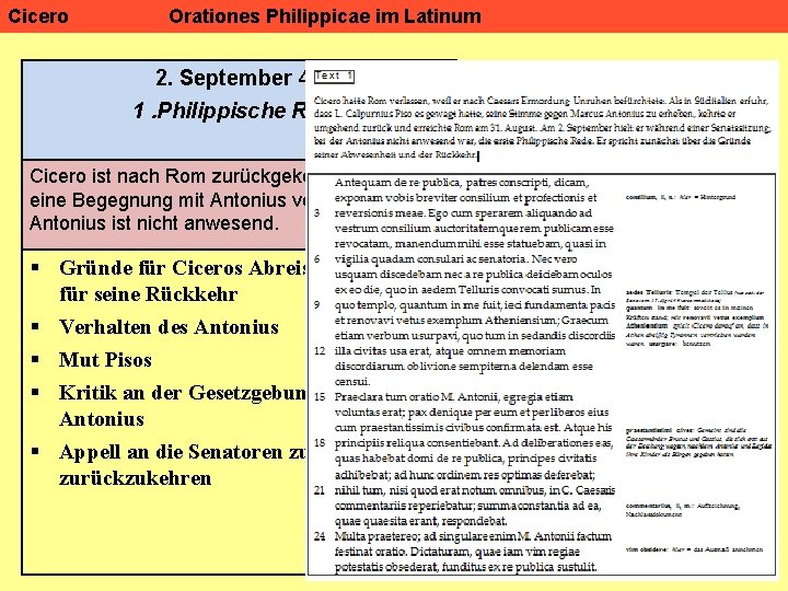 Cicero Orationes Philippicae im Latinum 2. September 44 1. Philippische Rede Cicero ist nach