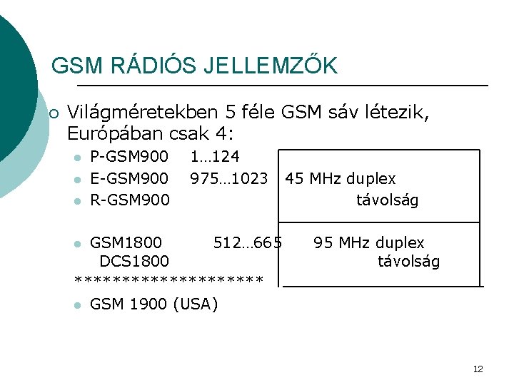 GSM RÁDIÓS JELLEMZŐK ¡ Világméretekben 5 féle GSM sáv létezik, Európában csak 4: l