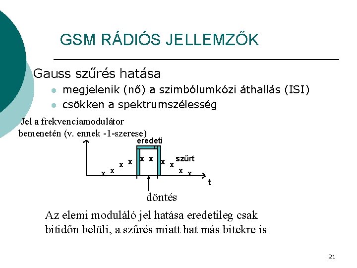 GSM RÁDIÓS JELLEMZŐK Gauss szűrés hatása l l megjelenik (nő) a szimbólumkózi áthallás (ISI)