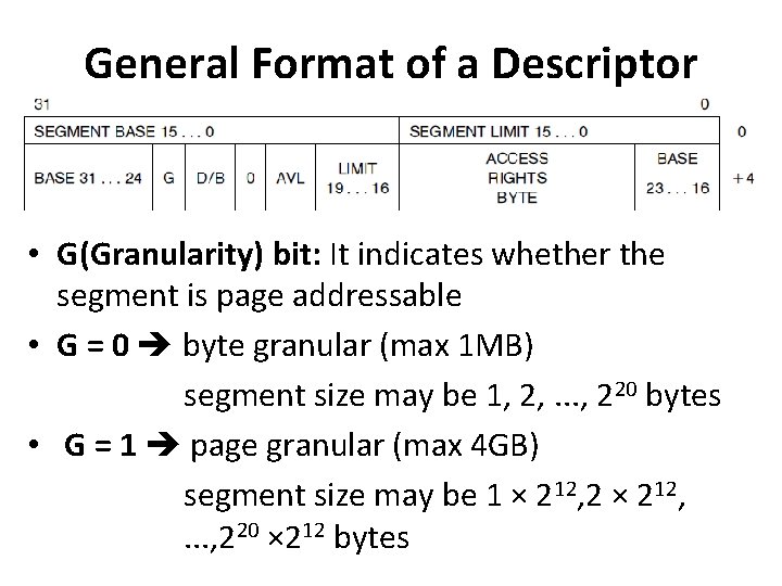 General Format of a Descriptor • G(Granularity) bit: It indicates whether the segment is