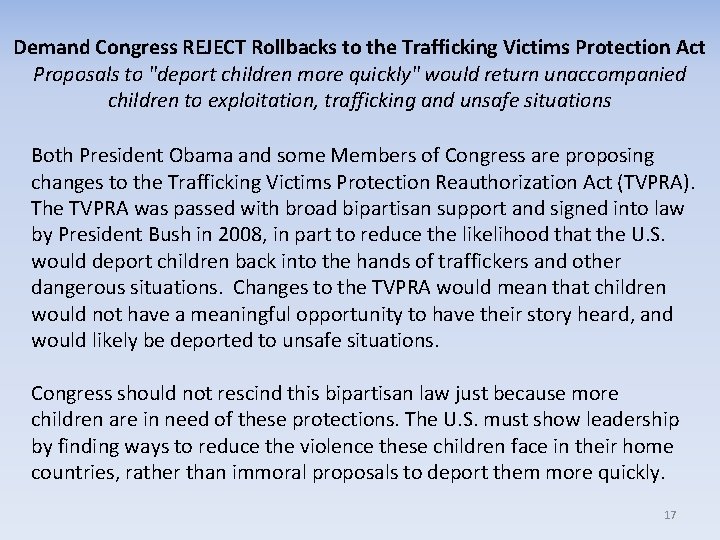 Demand Congress REJECT Rollbacks to the Trafficking Victims Protection Act Proposals to "deport children