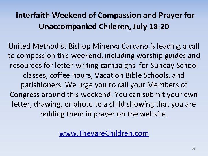 Interfaith Weekend of Compassion and Prayer for Unaccompanied Children, July 18 -20 United Methodist