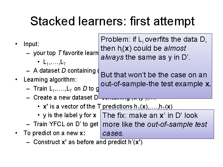 Stacked learners: first attempt Problem: if Li overfits the data D, • Input: then