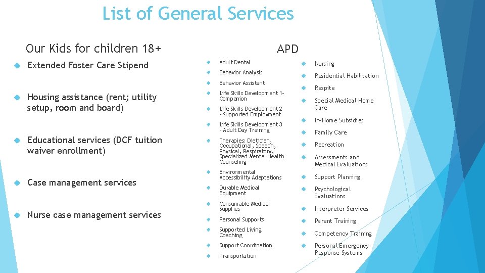 List of General Services Our Kids for children 18+ Extended Foster Care Stipend Housing