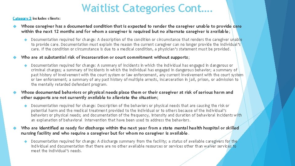 Waitlist Categories Cont…. Category 3 includes clients: Whose caregiver has a documented condition that