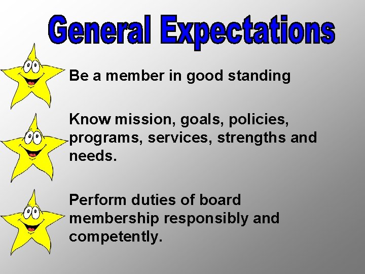 Be a member in good standing Know mission, goals, policies, programs, services, strengths and
