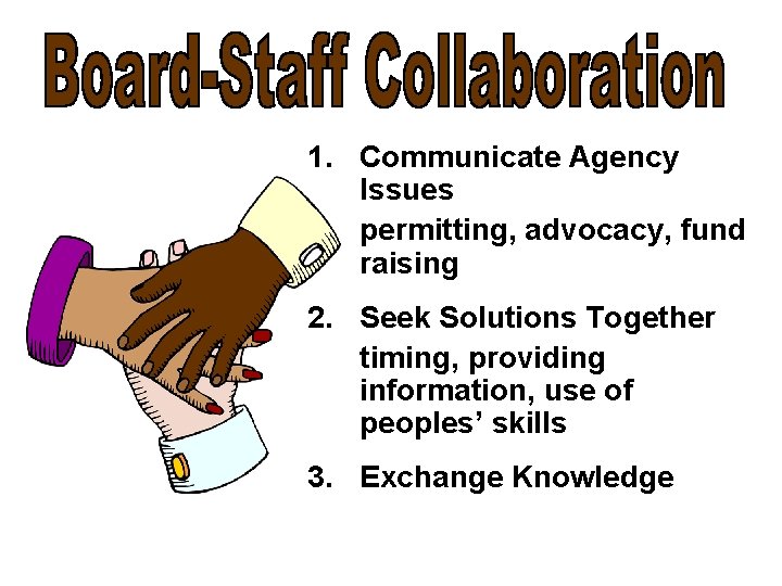 1. Communicate Agency Issues permitting, advocacy, fund raising 2. Seek Solutions Together timing, providing