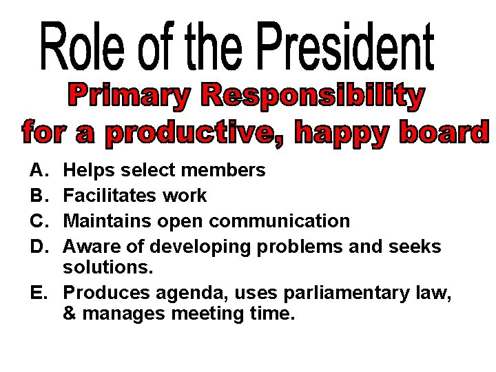 A. B. C. D. Helps select members Facilitates work Maintains open communication Aware of