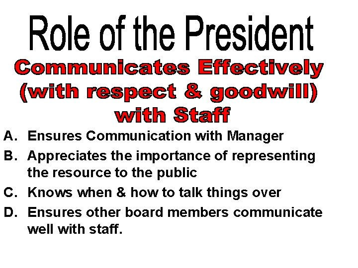 A. Ensures Communication with Manager B. Appreciates the importance of representing the resource to