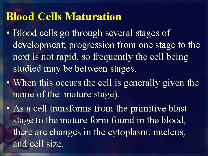 Blood Cells Maturation • Blood cells go through several stages of development; progression from