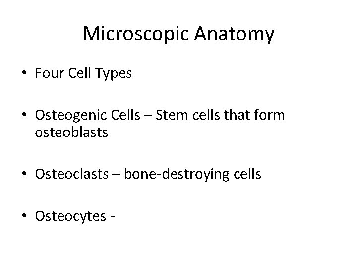 Microscopic Anatomy • Four Cell Types • Osteogenic Cells – Stem cells that form