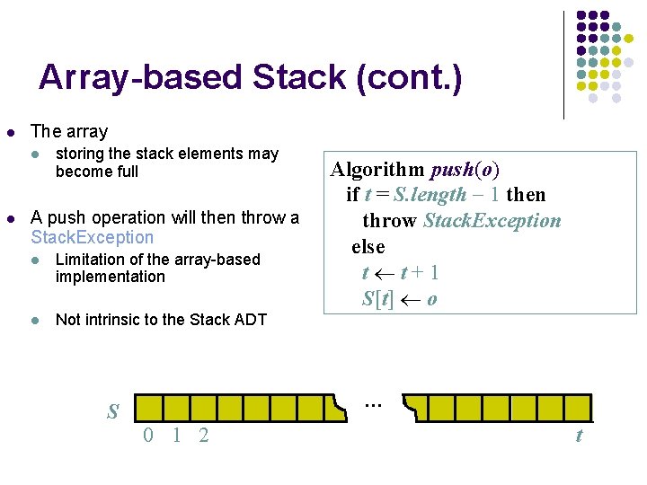 Array-based Stack (cont. ) l The array l l storing the stack elements may