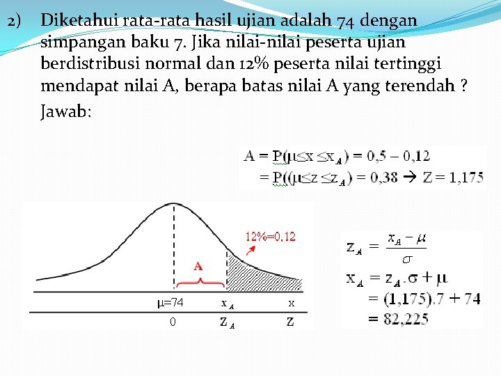 2) Diketahui rata-rata hasil ujian adalah 74 dengan simpangan baku 7. Jika nilai-nilai peserta