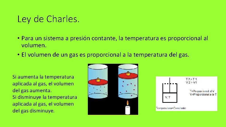 Ley de Charles. • Para un sistema a presión contante, la temperatura es proporcional