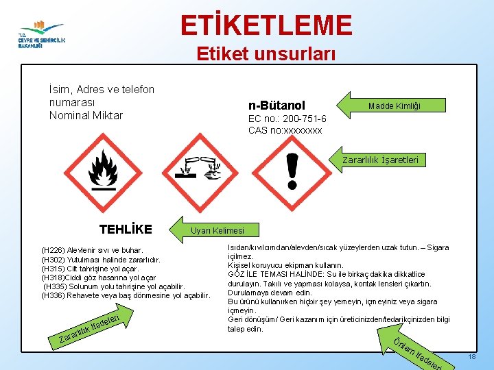 ETİKETLEME Etiket unsurları İsim, Adres ve telefon numarası Nominal Miktar n-Bütanol Madde Kimliği EC