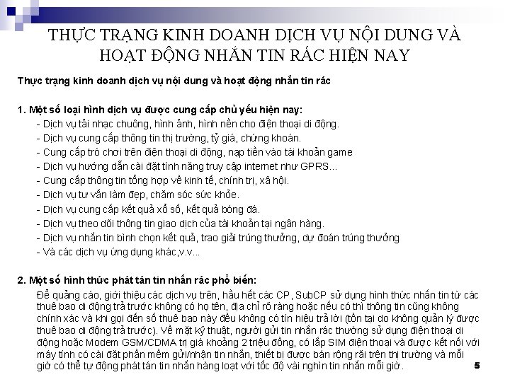 THỰC TRẠNG KINH DOANH DỊCH VỤ NỘI DUNG VÀ HOẠT ĐỘNG NHẮN TIN RÁC