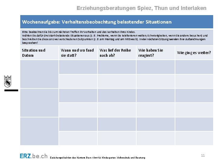 Erziehungsberatungen Spiez, Thun und Interlaken Wochenaufgabe: Verhaltensbeobachtung belastender Situationen Bitte beobachten Sie bis zum