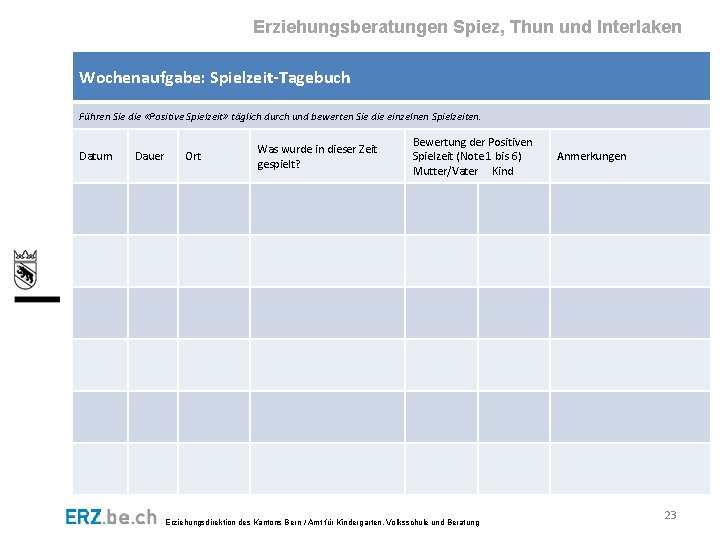 Erziehungsberatungen Spiez, Thun und Interlaken Wochenaufgabe: Spielzeit-Tagebuch Führen Sie die «Positive Spielzeit» täglich durch