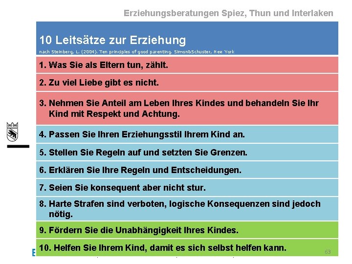 Erziehungsberatungen Spiez, Thun und Interlaken 10 Leitsätze zur Erziehung nach Steinberg, L. (2004). Ten