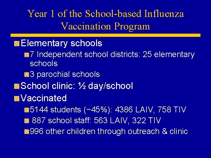 Year 1 of the School-based Influenza Vaccination Program Elementary schools 7 Independent school districts: