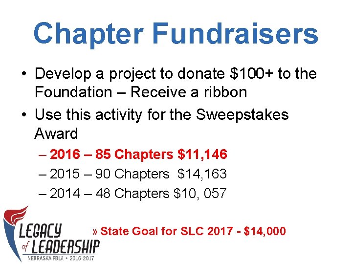 Chapter Fundraisers • Develop a project to donate $100+ to the Foundation – Receive