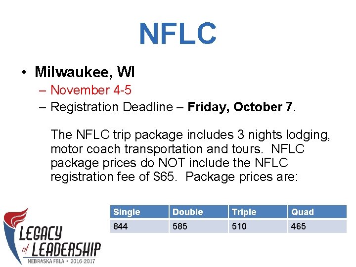 NFLC • Milwaukee, WI – November 4 -5 – Registration Deadline – Friday, October