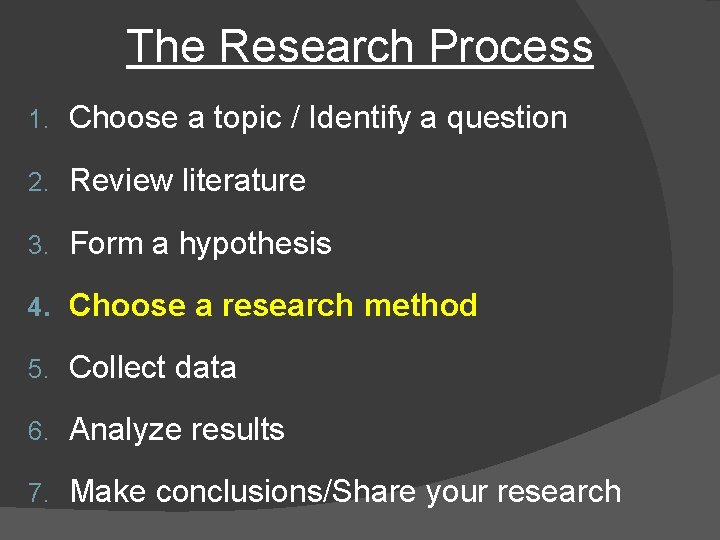 The Research Process 1. Choose a topic / Identify a question 2. Review literature