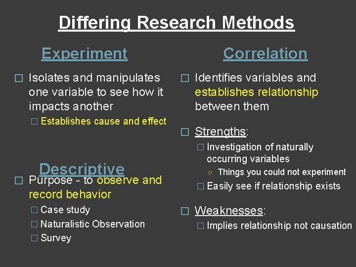 Differing Research Methods Experiment � Isolates and manipulates one variable to see how it