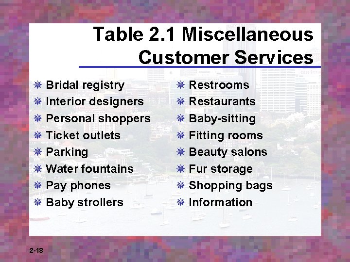 Table 2. 1 Miscellaneous Customer Services ¯ Bridal registry ¯ Interior designers ¯ Personal
