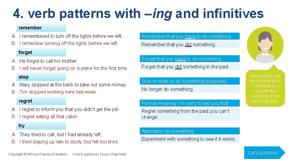 4. verb patterns with –ing and infinitives remember A. I remembered to turn off