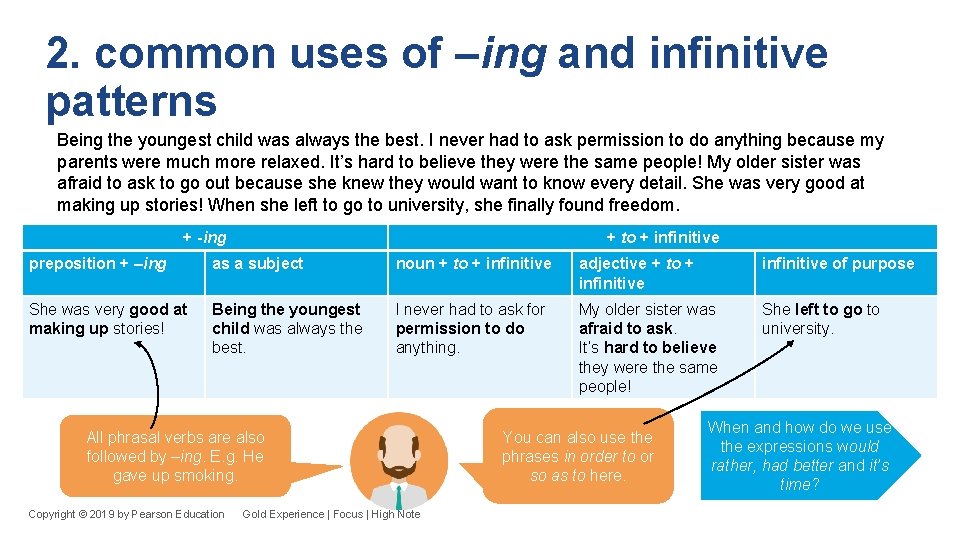 2. common uses of –ing and infinitive patterns Being the youngest child was always