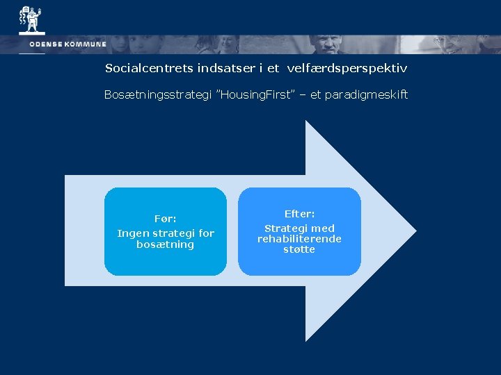 Socialcentrets indsatser i et velfærdsperspektiv Bosætningsstrategi ”Housing. First” – et paradigmeskift Før: Ingen strategi