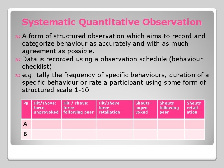 Systematic Quantitative Observation A form of structured observation which aims to record and categorize