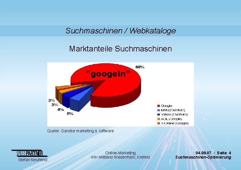 Suchmaschinen / Webkataloge Marktanteile Suchmaschinen Quelle: Gandke marketing & software Stefan Neufeind Online-Marketing IHK