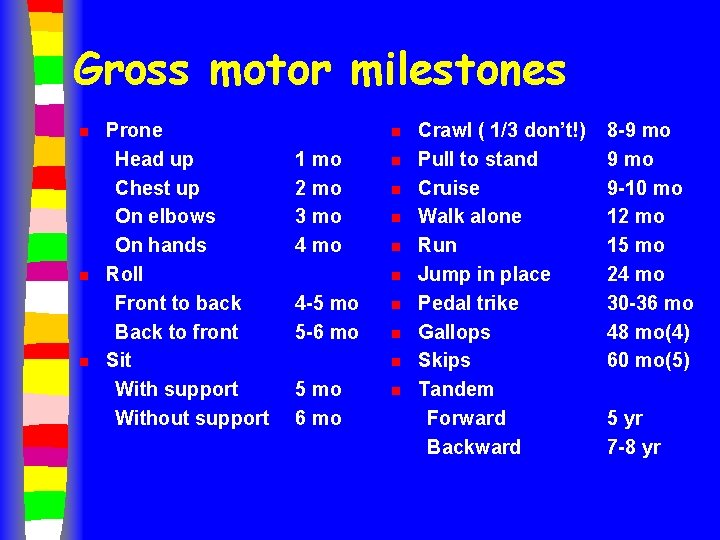 Gross motor milestones n n n Prone Head up Chest up On elbows On