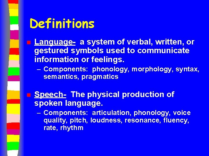 Definitions n Language- a system of verbal, written, or gestured symbols used to communicate