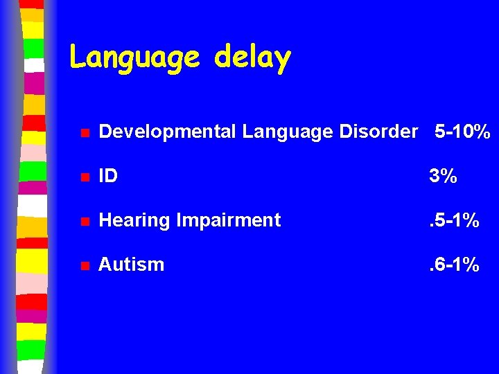 Language delay n Developmental Language Disorder 5 -10% n ID 3% n Hearing Impairment