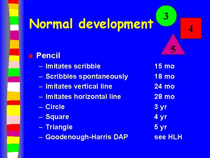 Normal development n Pencil – – – – Imitates scribble Scribbles spontaneously Imitates vertical