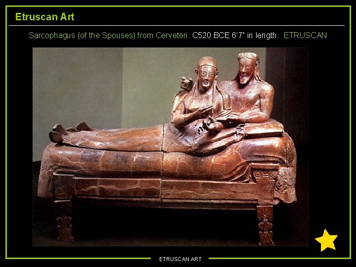 Etruscan Art Sarcophagus (of the Spouses) from Cerveteri. C 520 BCE 6’ 7” in