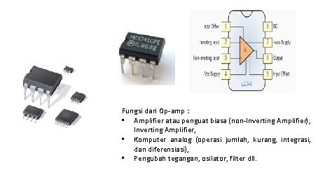 Fungsi dari Op-amp : • Amplifier atau penguat biasa (non-Inverting Amplifier), Inverting Amplifier, •