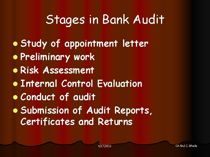 Stages in Bank Audit l Study of appointment letter l Preliminary work l Risk